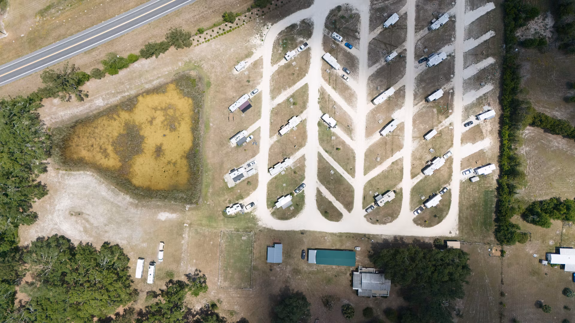 aerial view of RVs parked on a ground