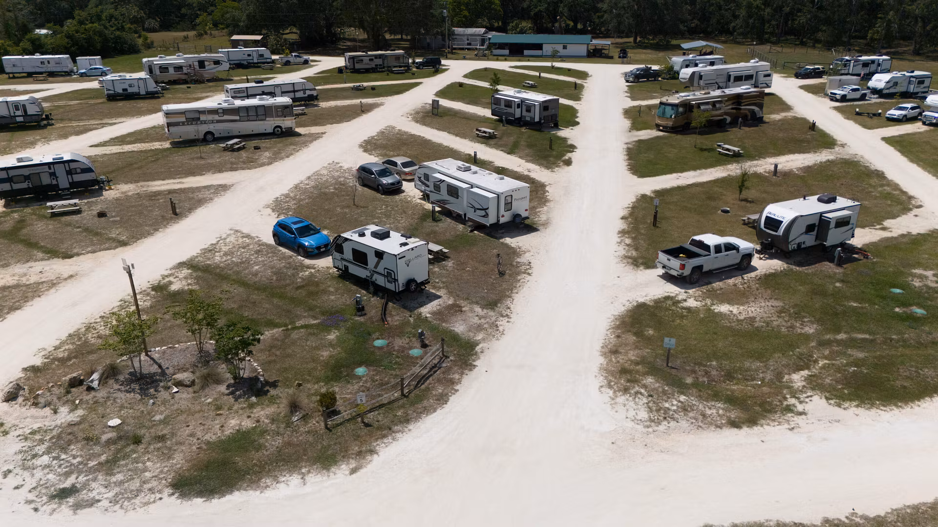 aerial view of RVs parked on a ground