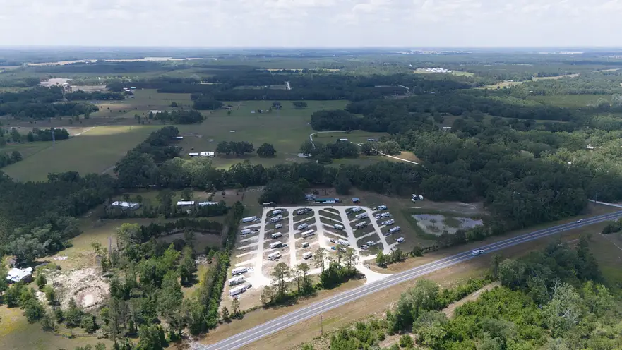 aerial view of RVs parked on a ground