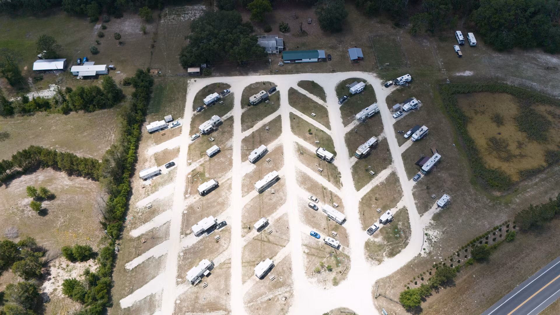 aerial view of RVs parking ground