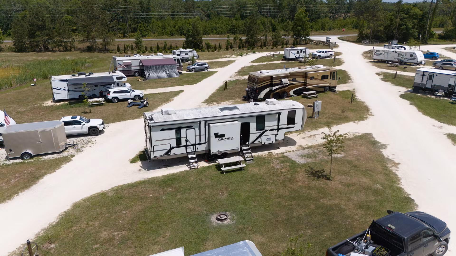 distant view of RVs parked on a ground