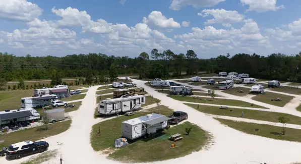 distant view of RVs parked on a ground