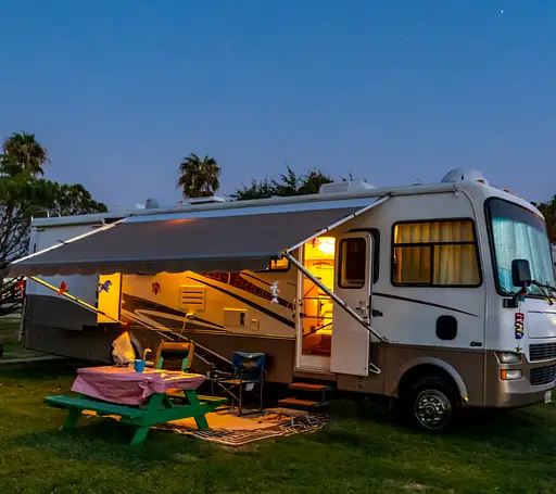 Recreational vehicle RV parked at campsite